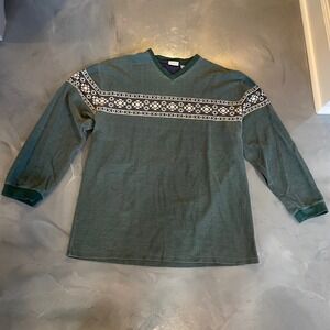 VTG Bugle Boy Mens Green Fair Isle V Neck Long Sleeve Pullover Shirt XXL